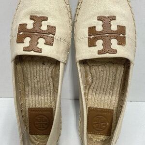Tory Burch Canvas Shoe Tag in Cream with Brown Print